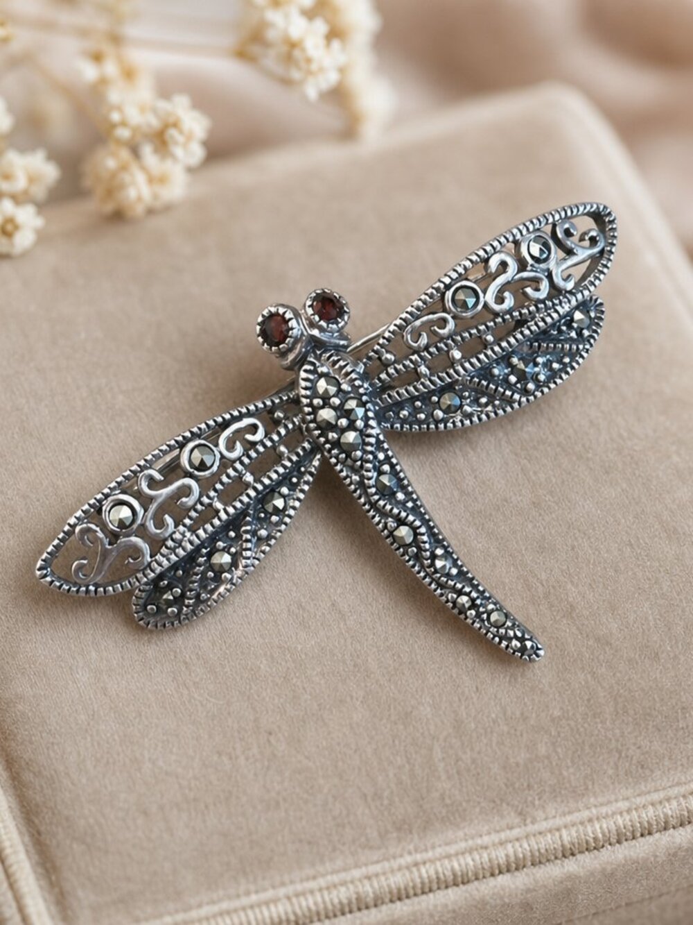 Vintage Dragonfly Sterling Silver 925 Marcasite & Crystal Pin